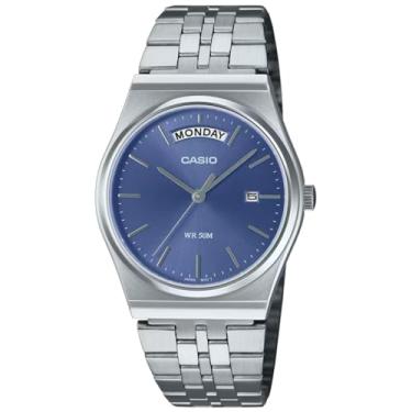 Imagem de Casio MTP-B146D-2AV Relógio analógico masculino vintage de aço inoxidável com mostrador azul e data, Prata, Casual