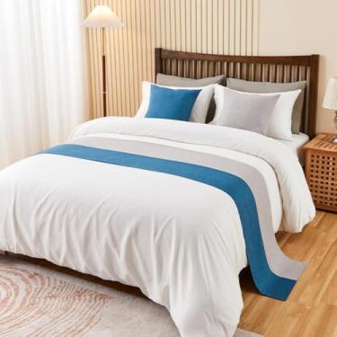 Imagem de Cachecol de corredor de cama de hotel dupla cor patchwork decoração de cama de luxo proteção macia quarto casamento quarto toalha de cama moderna sem desbotamento toalha de cauda de cama azul 1 peça