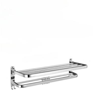 Imagem de Toalheiro dobrável de aço inoxidável de 40 cm, prateleira para toalhas de banho sem furos com ganchos, suporte para armazenamento de utensílios de banheiro e cozinha, 40 cm, dobrável, prata, 01