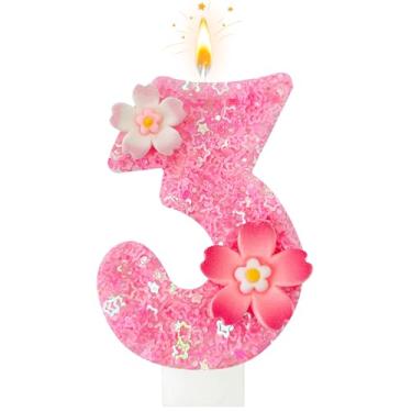 Imagem de Vela de aniversário de flor rosa, número de velas de aniversário para bolo, decoração de bolo para festas de aniversário, aniversário de casamento e outras celebrações (número 3, rosa)