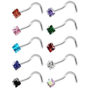 Imagem de Ruifan ASTM F136 Anéis de nariz de titânio 18 G, 20 G, 22 g, cor mista, quadrado, zircônia, nariz, parafuso, em forma de L, hipoalergênico, piercing corporal joia para mulheres 3 mm 10 peças, 18G