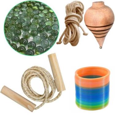 Imagem de Kit Brinquedos 10 Pula Corda 10 Pião 10 Mola 200 Bola Gude - Escalope