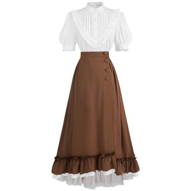 Imagem de FCCAM Vestido vitoriano para mulheres verde 1800 vestido eduardiano fantasia vestido maxi plissado com bolsos M marrom