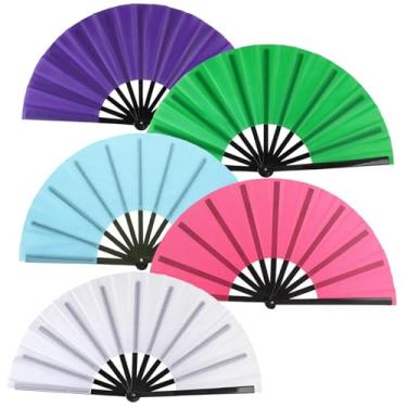 Imagem de Huralona Pacote com 5, grande, dobrável, leque de palmas, leque de palmas, fãs de rave, chinês, Kung Fu Tai Chi, Fã de mão, festival, dança, apresentações, decorações (Colorido2)
