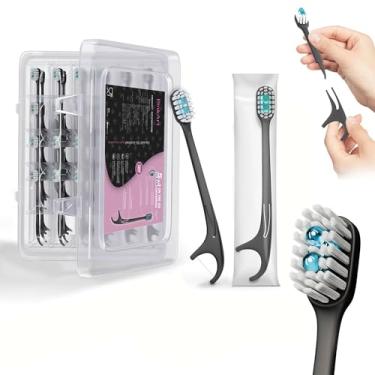 Imagem de Escovas de dentes descartáveis 5 em 1 com pasta de dente – Mini escovas de dentes de viagem embaladas individualmente com pasta de dente pré-colada, contas de enxaguante bucal, fio dental e raspador