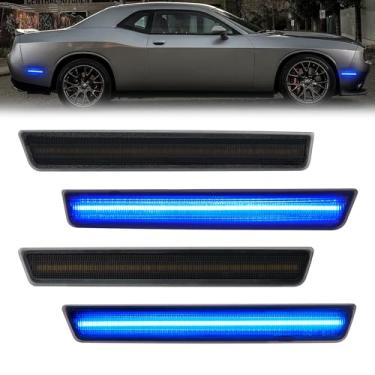 Imagem de Luzes de LED laterais compatíveis com Challenger 2015-2023 lâmpadas de marcador lateral de para-lama dianteiro traseiro azul, 4 peças, lente fumada, luz lateral substitui OEM #: 68195788AB, 68195789AB