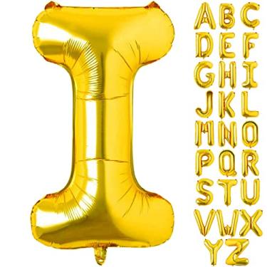 Imagem de Lovoir Balões grandes dourados com letra I de 101 cm, tamanho grande, jumbo, folha de mylar, balão de hélio para decorações de festa de aniversário, celebração, alfabeto dourado I