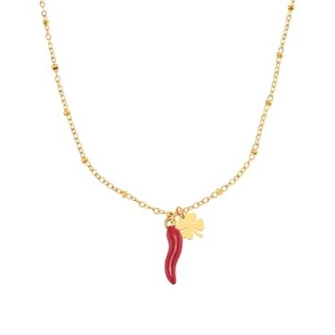 Imagem de OIDIMS Colar de trevo de quatro folhas com pimentão vermelho para mulheres, delicado, hipoalergênico, banhado a ouro 14 k, pingente de pimenta picante, joias de boa sorte, joia para decoração de festa
