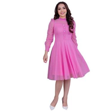 Imagem de Vestido Feminino Midi de Festa Social Rodado Mangas Longa Acinturado M