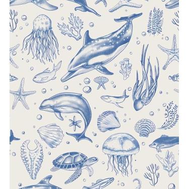 Imagem de Papel de parede de baleia descasque e cole, papel de contato do oceano do mar azul, papel de parede do mundo subaquático autoadesivo removível à prova d'água para quarto das crianças prateleiras de