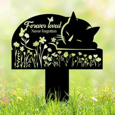 Imagem de HEGANITS Marcador de túmulo para gatos ao ar livre – Placa memorial de metal para animais de estimação de 30 cm com gato dormindo no jardim, lápide à prova de intempéries para quintal ou homenagem