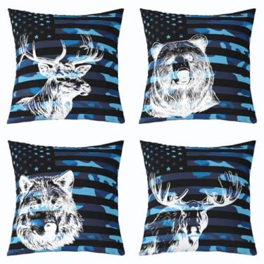 Imagem de Feelyou Capas de almofada vintage urso 45,72 cm x 45,72 cm conjunto de 4 capas macias para crianças, meninos, meninas, cabana, veado, caça, fronhas, fazenda, lobo, alce, animal selvagem, bandeira dos