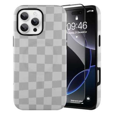 Imagem de SAKUULO Magnético para iPhone 16 Pro Max cinza padrão de impressão padrão de xeque-mate [compatível com MagSafe] Capa de proteção reforçada com carregamento sem fio, padrão cinza de xeque-mate (6,9