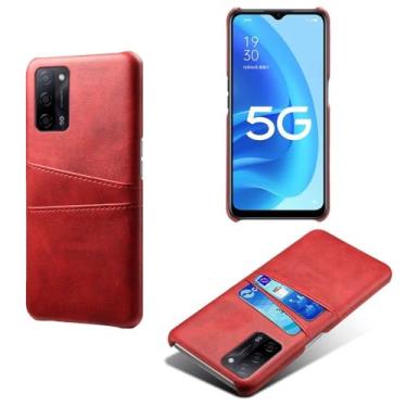 Imagem de Capas Compatível com OPPO A55 5G,Caso de couro PU-Tampa de telefone a prova de choque com 2 slots de cartão,Proteção anti-impressão digital e anti-gota-Red