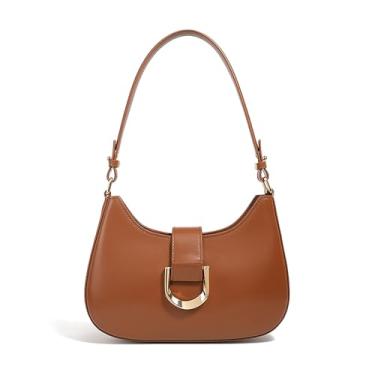 Imagem de Bolsa de ombro de couro legítimo, bolsas femininas Hobo Bolsa tiracolo com alças removíveis, Caramel, Elegante