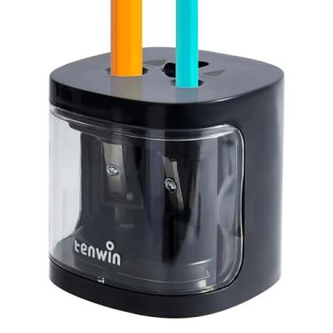 Imagem de tenwin Apontador de lápis elétrico, apontador de lápis de furo duplo, alimentado por bateria, pequeno e portátil, adequado para lápis de cor nº 2 de 6 a 12 mm, crianças, escola/casa (preto)