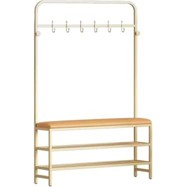 Imagem de Árvore De Entrada 3 Em 1 Com Armazenamento, Cabide Independente Com Armazenamento De Sapatos, Assento Estofado Em Couro Pu, Estrutura De Metal Estável, Gray Black, 80 x 25 x 170 cm