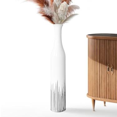 Imagem de Rocendlor Vaso branco de 60 cm – padrão de dente geométrico prateado, vasos altos decorativos cilíndricos para casa moderna, casamento, entrada – Vaso alto de resina