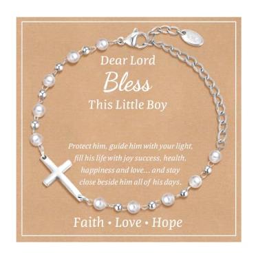 Imagem de Presente de pulseira de cruz de batismo para bebês: banhado a ouro 18 quilates/prata delicadas pulseiras cruzadas pérolas crianças filha neta aniversário primeira comunhão confirmação presentes joias