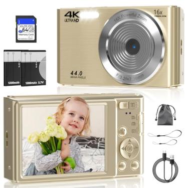 Imagem de Câmera digital, câmera digital FHD 4K com cartão SD de 64 GB, câmera digital de 44 MP, zoom digital de 16x, antivibração, luzes de preenchimento de 3 LEDs, câmera compacta para crianças, meninos e