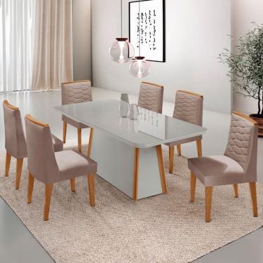 Imagem de Mesa de Jantar Diane 180cm Tampo MDF Vidro com 6 Cadeiras Eloise Moderna Mobília