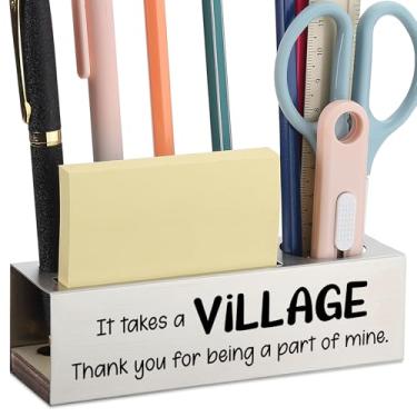 Imagem de Porta-lápis de aço inoxidável com citação "It Takes a Village", presente de agradecimento para professor, colega de trabalho, mentor, amigo, organizador de mesa de escritório para canetas, tesouras