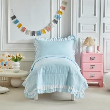 Imagem de Shxime Jogo de cama infantil de 4 peças de camada dupla com franjas de babados azul e branco - 1 edredom + 1 lençol com elástico + 1 lençol de cima + 1 fronha para bebês meninos e meninas azul bebê
