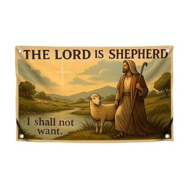 Imagem de Bandeira cristã 9,5 x 1,5 m com citação bíblica "O Senhor é pastor – I Shall Not Want" com 4 ilhós de latão - Bandeira de parede de um lado para decoração de quarto e decoração decorativa - Faixa de