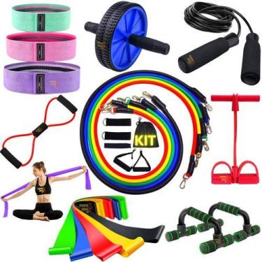 Imagem de Kit Corda Pular Faixas Elásticas Treino Roda Abdominal Barra - Prime B