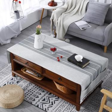 Imagem de Toalha de mesa retangular de poliéster lavável bordada, toalha de café, toalha de pó com franja, adequada para festa, cozinha, sala de estar, 60 cm × 163 cm, cinza claro