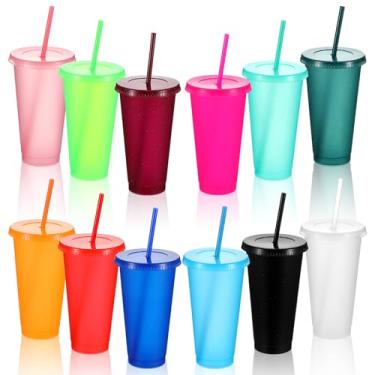 Imagem de Copo de plástico de 680 g com tampa e canudo, copos de plástico reutilizáveis com tampas e canudos, várias cores para café gelado, suco, festa, viagem, casa, escritório (12 cores)