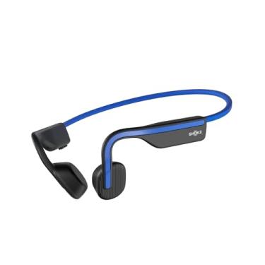 Imagem de SHOKZ OpenMove – Fones de ouvido esportivos Bluetooth abertos, fones de ouvido sem fio de condução óssea, à prova de suor para corrida e exercícios, com pacote de adesivos (azul)