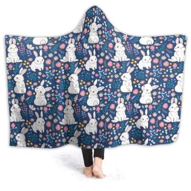 Imagem de Cobertor com capuz azul de coelho e flores de desenho animado, cobertor de flanela para mulheres, homens, macio, aconchegante, cama, sofá, cobertor usável para crianças, meninas, meninos — pequeno 127