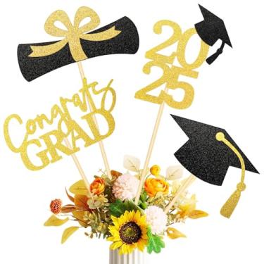 Imagem de 16 peças de topos de festa de formatura de dupla face pretos e dourados, classe de decoração de formatura de 2025, palitos de centro de mesa para decoração de bolo de mesa, celebrações de cerimônias