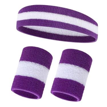 Imagem de TOOPONE Conjunto de faixa de transpiração listrada, 2 pulseiras e 1 faixa de cabeça, faixas atléticas com absorção de umidade para esportes, homens e mulheres, pulseiras atléticas para basquete, tênis