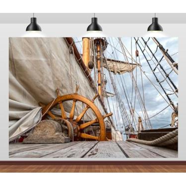 Imagem de CORFOTO 2,1 x 1,5 m de fundo de navio velho à vela com tema de pirata, pano de fundo de madeira, leme de madeira, navio pirata, decoração de festa de aniversário