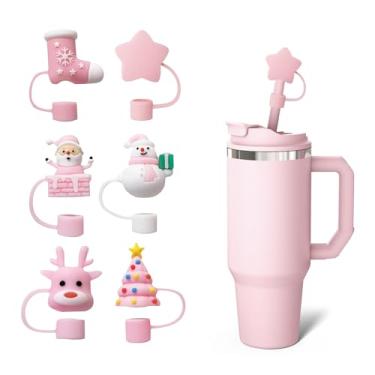 Imagem de 6 peças de cobertura de palha de silicone de Natal para copo Stanley, tampa de palha reutilizável à prova de poeira de 10 mm para copo de 30/1,134 g com alça, presente festivo de Natal para amantes de