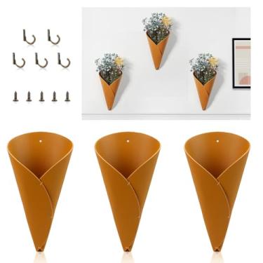 Imagem de Pacote com 3 vasos de parede de couro sintético amarelo com 5 ganchos para flores secas, plantas, decoração moderna, casa de fazenda, cozinha, sala de estar, quarto (sem flores)