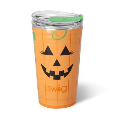 Imagem de Swig Life Copo de festa de 680 g, copo de café isolado para viagem de Halloween com tampa EZ Slider, compatível com porta-copos, copo de aço inoxidável de 680 g, caneca reutilizável (Boo Crew Pumpkin)
