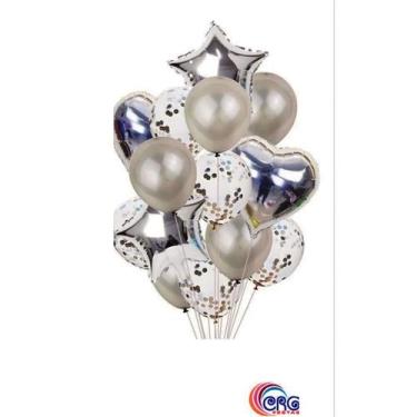 Imagem de Kit Buque de Balão Látex E Metalizado Com 14 Balões - Crgfestas, Prata