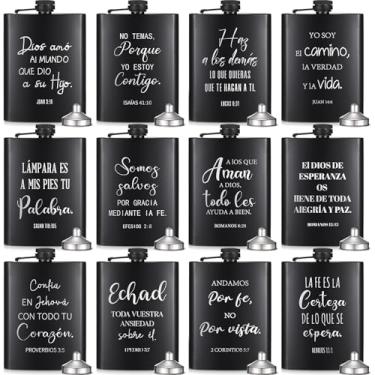 Imagem de Chengu 12 peças de presentes cristãos para homens 227 g garrafa de quadril para licor bíblia frascos de aço inoxidável preto com funis, à prova de vazamento, frasco de presente religioso inspirador