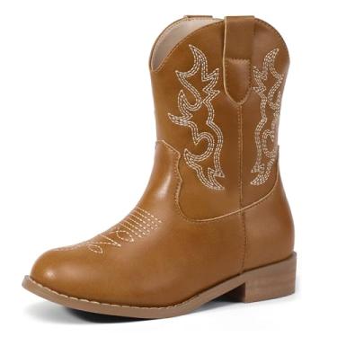 Imagem de PANDANINJIA Botas de caubói para meninas, bico redondo, para meninos, botas caubói, cano curto, botas de cowgirl ocidentais, Brownpu, 13 Little Kid