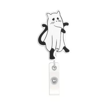 Imagem de Carretel de crachá de gato preto de fantasma engraçado para mulheres e homens, fofo, acrílico, cartão de Halloween, animal retrátil, porta-crachás de identificação, clipe para estudantes, enfermeiras