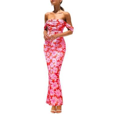 Imagem de Vestido longo feminino PRETTYGARDEN com decote franzido rosa Daisy XL