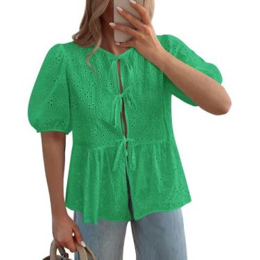 Imagem de Blusa feminina KIRUNDO com gravata frontal, manga curta, renda oca