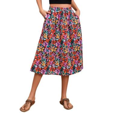 Imagem de Saia Witsmile Boho elástica de cintura alta A Line Midi com bolsos