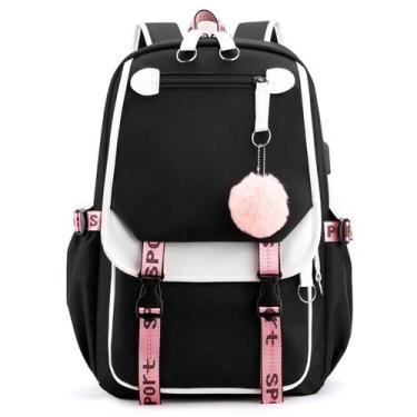 Imagem de Mochila Escolar Feminina Gola Casual com Entrada USB - Preta e Rosa - 