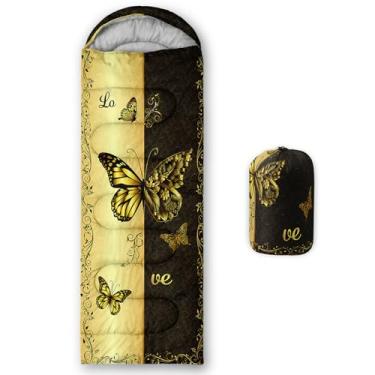 Imagem de lneffble Saco de dormir borboleta preta e dourada, adequado para crianças, meninos e meninas, adolescentes, portátil, impermeável, compacto e leve, ótimo para acampamento ao ar livre, mochila e