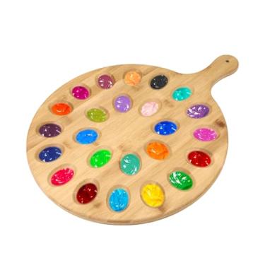 Imagem de Paleta de tinta de madeira de 2 lados, bandeja de tinta de madeira plana e de 24 poços para pintura, suporte de paleta de mistura de tinta de madeira em aquarela a óleo para pintor artista (bege)