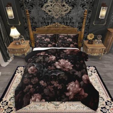 Imagem de Erosebridal Jogo de cama gótico Queen para casa, decoração gótica de Halloween, para quarto de crianças, adolescentes, mulheres, homens, edredom floral, preto, morcego gótico, colcha barroca vitoriana